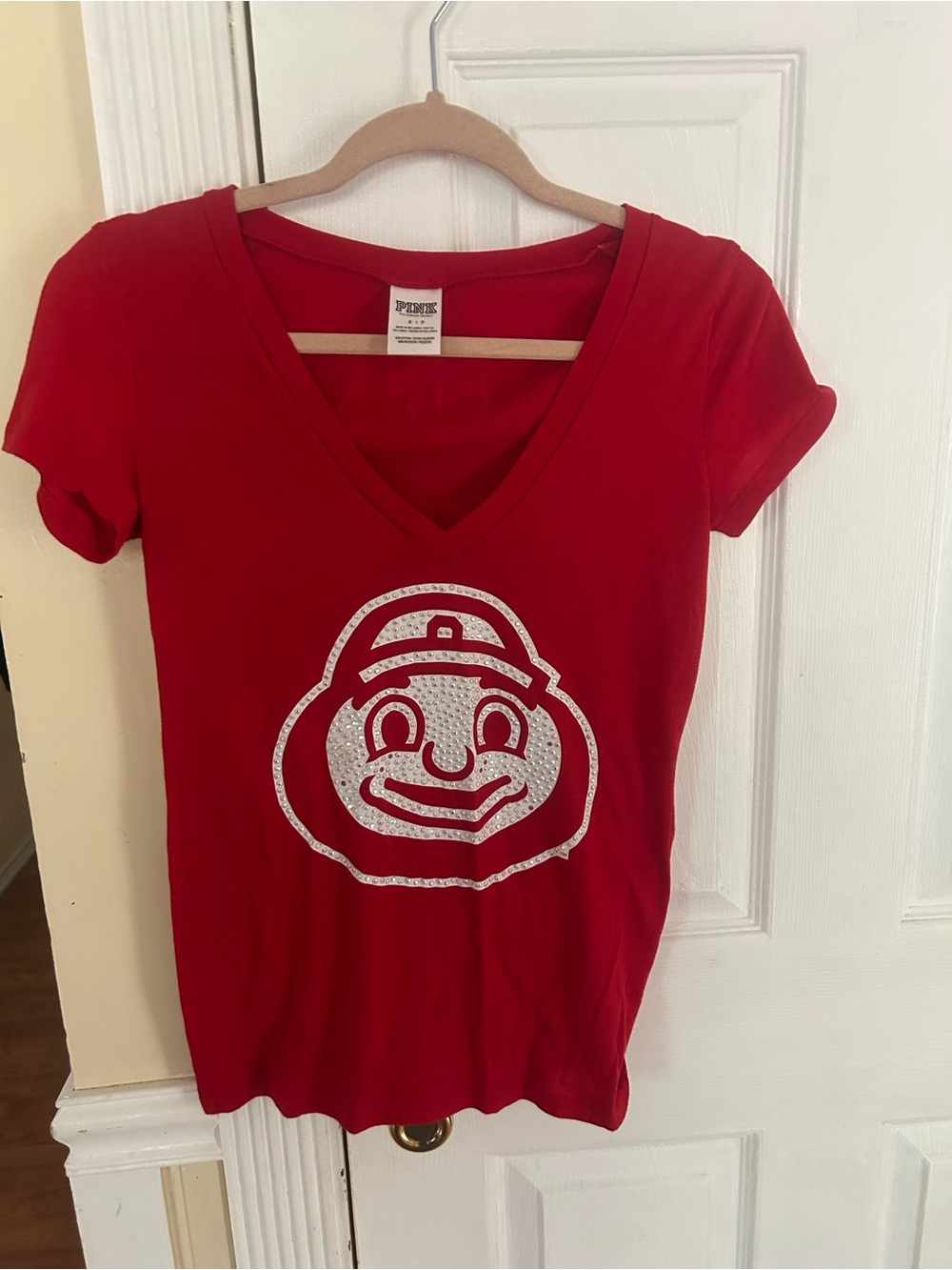 PINK Victoria's Secret Red V-Neck Tee w/Brutus Buckeye Embellished W/Rhinestones
